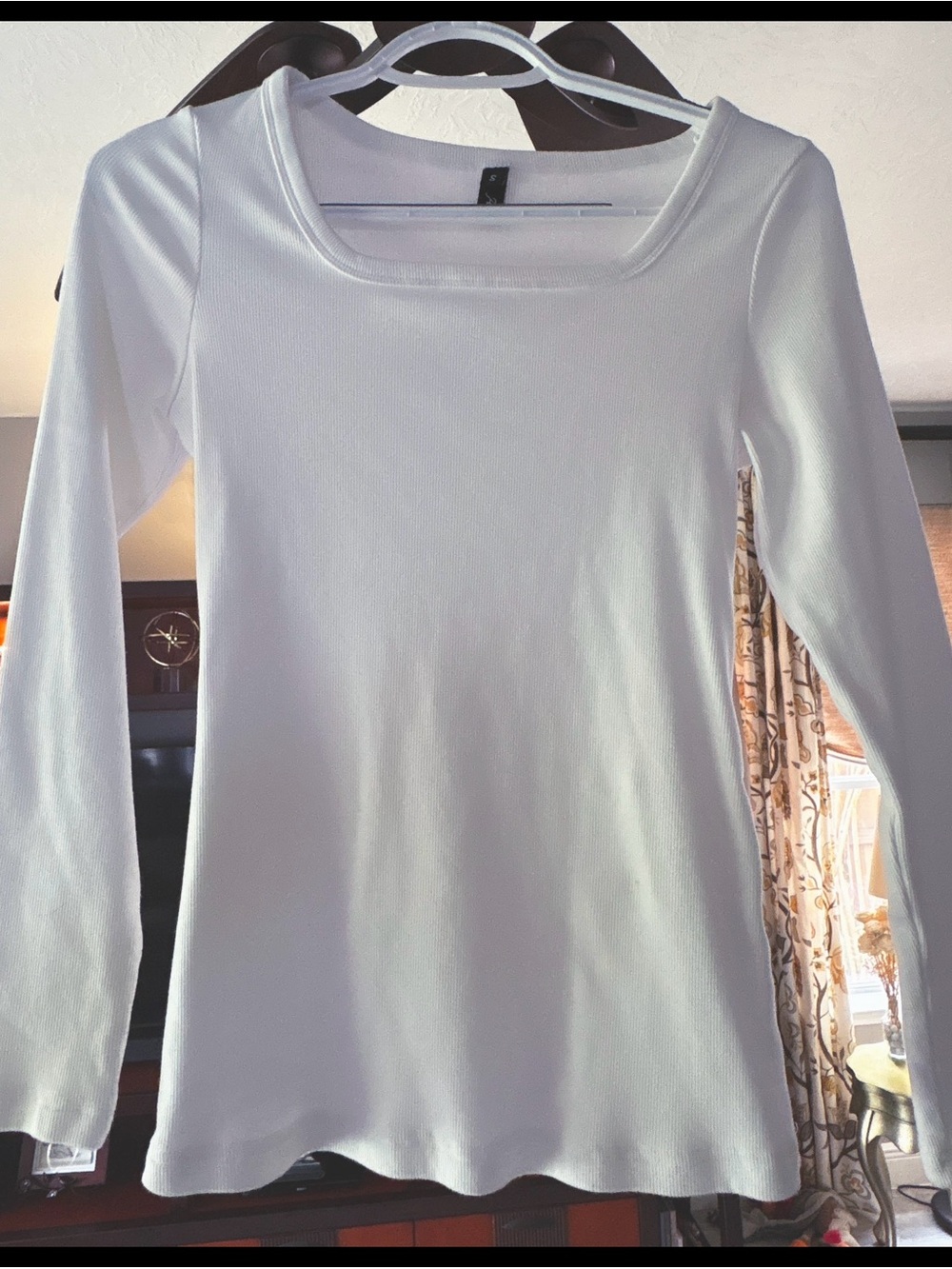 Classic White Ribbed Long-Sleeve Square Neck Top